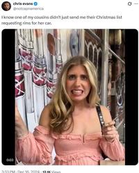 A Sabrina Brier meme. The meme reads, "I know one of my cousins didn’t just send me their Christmas list requesting rims for her car."