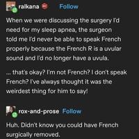 ralkana Follow When we were discussing the surgery I'd need for my sleep apnea, the surgeon told me I'd never be able to speak French properly because the French R is a uvular sound and I'd no longer have a uvula. ... that's okay? I'm not French? I don't speak French? I've always thought it was the weirdest thing for him to say! rox-and-prose Follow Huh. Didn't know you could have French surgically removed.