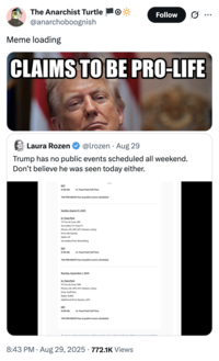 X user @anarchoboognish tweeted, "Meme loading" alongside an image of Donald Trump next to Impact Font text that reads, "Claims to be pro-life," gathering over 36,000 likes in two days.