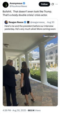X user @YourAnonNews replied to a reporter's photo of Donald Trump, claiming, "B-------.  That doesn’t even look like Trump.  That’s a body double crisis/ crisis actor."