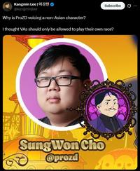 A tweet reading, "Why is ProZD voicing a non-Asian character?"