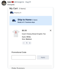 A "tweet":https://knowyourmeme.com/memes/sites/twitter-x referencing the Insert Cheesy Bread shirt and "meme":https://knowyourmeme.com/memes/memes.