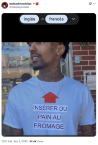 A "tweet":https://knowyourmeme.com/memes/sites/twitter-x referencing the Insert Cheesy Bread shirt and "meme":https://knowyourmeme.com/memes/memes.