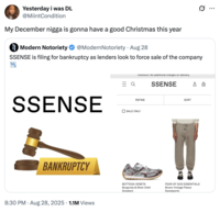 X user @MiintCondition quoted a post about the Canadian luxury e-commerce brand Ssense filing for bankruptcy, writing, "My December n---- is gonna have a good Christmas this year."