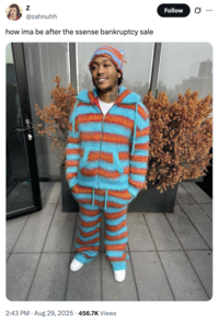 X user @zahnuhh tweeted, "how ima be after the ssense bankruptcy sale," in response to the news that Canadian luxury e-commerce brand Ssense is filing for bankruptcy.