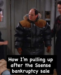 Instagram meme page @throwingfits posted an image of George Costanza from _Seinfeld_ dressed in an overly large puffer, writing, "How I'm pulling up after the Ssense bankruptcy sale." The post gathered over 6,000 likes in two days.