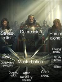 Stress relief Depression Home alone Feeling horny Had a bad day Discovered M----------- Study break new p--- Bored Opened reddit Can't After scrolling sleep online