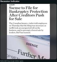 Recession Indicator LUXURY Ssense to File for Bankruptcy Protection After Creditors Push for Sale The Canadian luxury e-tailer told employees on Thursday that the filing was necessary as tariffs took an unexpected toll on the business, and to preempt a forced sale by lenders, BoF has learned. www.ssense.com/en-nl PDF Drive... http://...r.com SSENSE Further M OP MEN Dasha didn't buy enough clothes I guess. с