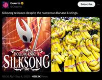 A Dexerto tweet reading, "Silksong releases despite the numerous Banana Listings." The tweet is a reference to another tweet.