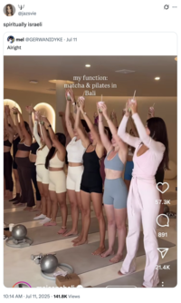 A "tweet":https://knowyourmeme.com/memes/sites/twitter-x using the "slang":https://knowyourmeme.com/memes/internet-slang term "Spiritually Israeli" to describe vapid consumer culture in 2025.