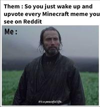 A version of the "peaceful life" meme. The meme is about upvoting Minecraft memes.