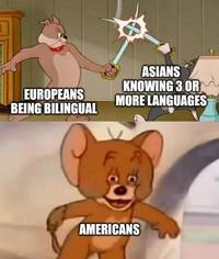 EUROPEANS BEING BILINGUAL ASIANS KNOWING 3 OR MORE LANGUAGES A RH AMERICANS