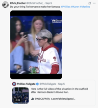 X user @ChrisFischer_ tweeted a close-up image of "Phillies Karen," a woman who went viral for arguing over a homerun baseball and taking it from a young fan at the Phillies vs Marlins game in September 2025. 