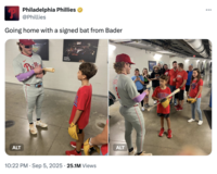 The Philadelphia Philies gifted the young boy who had his homerun baseball taken away from him a signed baseball bat from Harrison Bader after the match on September 5th. 