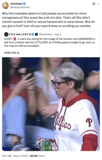 X user @Halalcoholism tweeted, "Why this insatiable desire to hold people accountable for minor transgressions? She acted like a bit of a d---...Why do you give a f---? Just roll your eyes & keep on scrolling you weirdos."