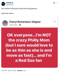 X user @0HOUR1__ tweeted, "You foolish influencers have the wrong person. Leave her alone" alongside a photo of a Facebook user named "Cheryl Richardson-Wagner" denying being Phillies Karen.
