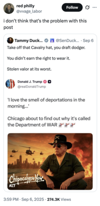 X user @vvage_labor criticized U.S. Senator Tammy Duckworth's tweet about Trump using "stolen valour" by wearing a Cavalry hat, writing, "i don’t think that’s the problem with this post."