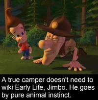 A Jimmy Neutron meme. The meme reads, "A true camper doesn't need to wiki Early Life, Jimbo."