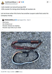 A "quote-tweet":https://knowyourmeme.com/memes/quote-retweets-qrts of the September 2025 "tweet":https://knowyourmeme.com/memes/sites/twitter-x from user @PNWGUERRILLA about him allegedly shooting and killing a rooster with a 12-gauge shotgun because the animal attacked his nephew.