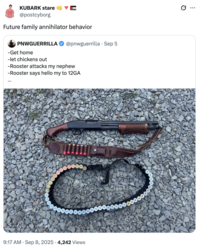 A "quote-tweet":https://knowyourmeme.com/memes/quote-retweets-qrts of the September 2025 "tweet":https://knowyourmeme.com/memes/sites/twitter-x from user @PNWGUERRILLA about him allegedly shooting and killing a rooster with a 12-gauge shotgun because the animal attacked his nephew.