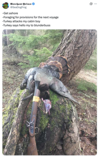 Merchant Prince @SeaDogFrog -Get ashore -Foraging for provisions for the next voyage -Turkey attacks my cabin boy -Turkey says hello my to blunderbuss Q