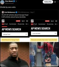 A September 7th, 2025, quote-tweet from Elon Musk on a post from the @EndWokeness account claiming to show results on AP's site for "George Floyd" vs. "Iryna Zarutska."