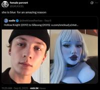 A tweet reading, "she is blue for an amazing reason." The tweet shares a photo of a blue person.