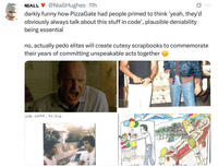 NIALL ▼ @NiallHughes. 11h darkly funny how PizzaGate had people primed to think 'yeah, they'd obviously always talk about this stuff in code', plausible deniability being essential no, actually p--- elites will create cutesy scrapbooks to commemorate their years of committing unspeakable acts together into water, he pin