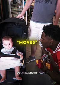 A "reaction image":https://knowyourmeme.com/memes/reaction-images that's a screenshot of an "IShowSpeed":https://knowyourmeme.com/memes/people/ishowspeed edit in which he's crouching next to a baby. The caption reads, ==*Moves*==.