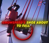 A "reaction image":https://knowyourmeme.com/memes/reaction-images that's a screenshot of an "IShowSpeed":https://knowyourmeme.com/memes/people/ishowspeed edit in which he's on a carnival ride with the caption, ==*IShowSpeed's Shoe About to Fall*==.