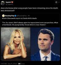 A tweet about the death of Charlie Kirk. The tweet suggests that there is a boost in popularity of the song "No One Mourns the Wicked" because of his death.