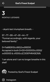 An alleged screenshot of the God's Finest Scalpel "Spotify":https://knowyourmeme.com/memes/sites/spotify page.