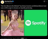 Buzzing Pop @BuzzingPop Ø "No One Mourns the Wicked" by Ariana Grande and Wicked Movie Cast saw a 50% surge in streams on Spotify yesterday. Last edited 3:12 PM - Sep 11, 2025 - 6.2M Views Spotify