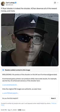 A 4chan post claiming that Skye Valadez is the Charlie Kirk assassin, based on a half-face mashup of an alleged photo of Valadez and the "person of interest" in the FBI's investigation.