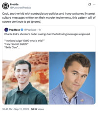 A "quote-tweet":https://knowyourmeme.com/memes/quote-retweets-qrts about Tyler Robinson, the suspected shooter who killed "Charlie Kirk":https://knowyourmeme.com/memes/events/charlie-kirk-shooting-at-utah-valley-university in September 2025. 