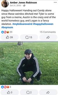 A "Facebook":https://knowyourmeme.com/memes/sites/facebook-meta post from the mother of Tyler Robinson, showing him in a Gopnik Halloween costume in 2018.