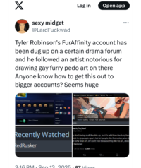 A post the the subreddit for the "_Red Scare Podcast_":https://trending.knowyourmeme.com/memes/subcultures/red-scare-podcast discussing the alleged Charlie Kirk shooter's Fur Affinity account, which spread online in mid-September 2025.