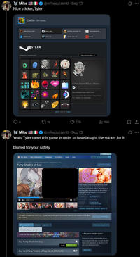A tweet from X / Twitter user @mikesulsenti that claims to show the "Steam":https://knowyourmeme.com/memes/sites/steam account belonging to Tyler Robinson, the suspected Charlie Kirk shooter, which shows an explicit "furry":https://trending.knowyourmeme.com/memes/cultures/furries-furry game titled, _Furry Shades of Gay_.