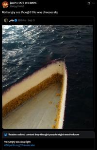 A post reading, "My hungry ahh thought this was cheesecake." The post shares an image of a cheesecake.