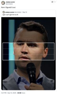 A "quote-tweet":https://knowyourmeme.com/memes/quote-retweets-qrts about the "death of Charlie Kirk":https://knowyourmeme.com/memes/events/charlie-kirk-shooting-at-utah-valley-university, using the "Twitter Header Won't Fit" format.