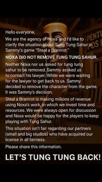A statement released by MementumLab. The statement blames SpyderSammy for removing Tung Tung Tung Sahur from Steal a Brainrot.