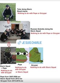 Tyler doing Slavic Squat meme Nothing to do with Pepe or Groyper T ко Мы открыты B3 Russian Gobniks doing the Slavic Squat Nothing to do with Pepe or Groyper JE SUIS CHARLIE Slavic Squat + Pepe Nothing to do with Groyper Pepe Nothing to do with Groyper or Slavic Squat Pepe from 2005-2008 era Slavic Squat from 2012 era Groyper Nothing to do with Slavic Squat Groyper from 2015-2016 era