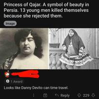 Princess of Qajar. A symbol of beauty in Persia. 13 young men killed themselves because she rejected them. Image → 1 Award Looks like Danny Devito can time travel. SCEL Reply 229