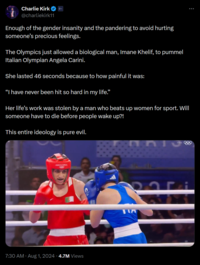 Charlie Kirk @charliekirk11 Enough of the gender insanity and the pandering to avoid hurting someone's precious feelings. The Olympics just allowed a biological man, Imane Khelif, to pummel Italian Olympian Angela Carini. She lasted 46 seconds because to how painful it was: "I have never been hit so hard in my life." Her life's work was stolen by a man who beats up women for sport. Will someone have to die before people wake up?! This entire ideology is pure evil. PARIS 101V 7:30 AM - Aug 1, 2024 4.7M Views Rari