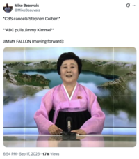 A "tweet":https://knowyourmeme.com/memes/sites/twitter-x about "Jimmy Kimmel":https://knowyourmeme.com/memes/people/jimmy-kimmel being pulled indefinitely from ABC in September 2025, following his comments about the "death of Charlie Kirk":https://knowyourmeme.com/memes/events/charlie-kirk-shooting-at-utah-valley-university and about the suspected shooter, "Tyler Robinson":https://knowyourmeme.com/memes/people/tyler-robinson-suspected-charlie-kirk-shooter.
