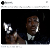 A "tweet":https://knowyourmeme.com/memes/sites/twitter-x about "Jimmy Kimmel":https://knowyourmeme.com/memes/people/jimmy-kimmel being pulled indefinitely from ABC in September 2025, following his comments about the "death of Charlie Kirk":https://knowyourmeme.com/memes/events/charlie-kirk-shooting-at-utah-valley-university and about the suspected shooter, "Tyler Robinson":https://knowyourmeme.com/memes/people/tyler-robinson-suspected-charlie-kirk-shooter.