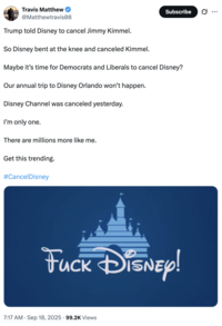 A "tweet":https://knowyourmeme.com/memes/sites/twitter-x about "Jimmy Kimmel":https://knowyourmeme.com/memes/people/jimmy-kimmel being pulled indefinitely from ABC in September 2025, following his comments about the "death of Charlie Kirk":https://knowyourmeme.com/memes/events/charlie-kirk-shooting-at-utah-valley-university and about the suspected shooter, "Tyler Robinson":https://knowyourmeme.com/memes/people/tyler-robinson-suspected-charlie-kirk-shooter.