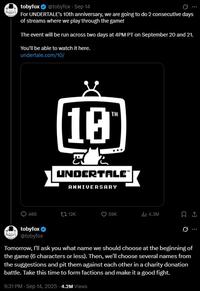 Toby Fox announcing a stream of Undertale for its 10th anniversary.