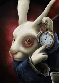 The original digital artwork of White Rabbit, from _Alice in Wonderland_, pointing at a clock, which was created by "DeviantArt":https://knowyourmeme.com/memes/sites/deviantart artist Luz Tapia sometime in 2012.