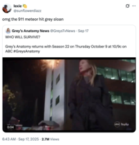 A "quote-tweet":https://knowyourmeme.com/memes/quote-retweets-qrts joking about the season 9 promotional trailer for ABC on Hulu's show _9-1-1_, in which a meteor shower rains down on the city.